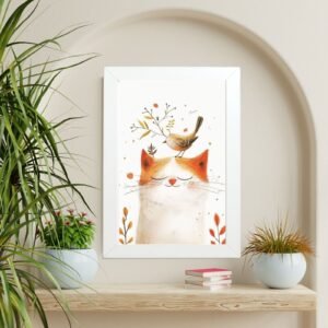 umetnički poster mačka i ptica dekoracija u niši enterijer