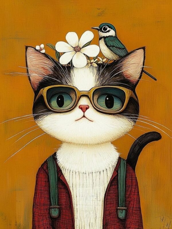 Poster Mačka i ptica okružen zelenilom – dekoracija za zid