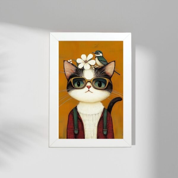 Poster mačke sa cvetom i ptičicom – art dizajn u okviru