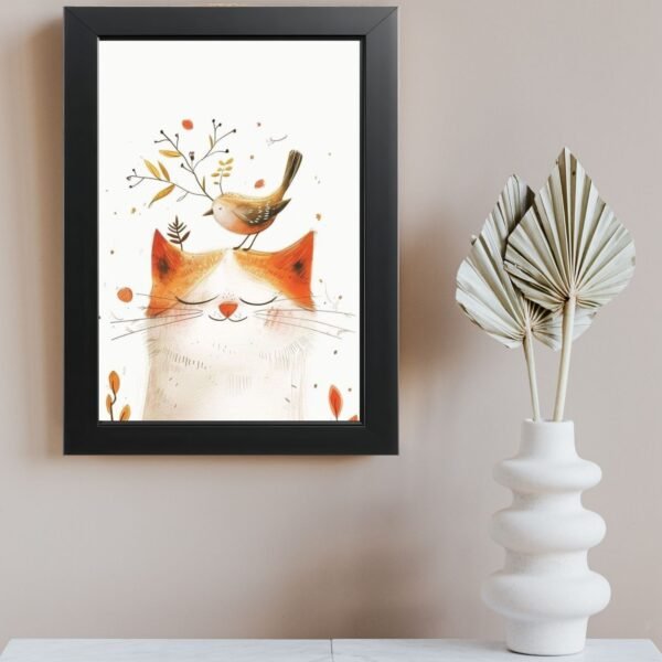 poster mačka i ptica u crnom ramu dekoracija za dnevnu sobu