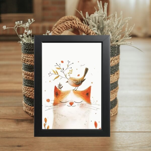 poster mačka i ptica u crnom ramu dekoracija za dnevnu sobu