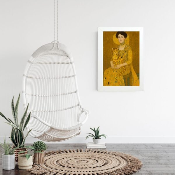 Dama sa mačkom art poster u ramu na zidu modernog enterijera