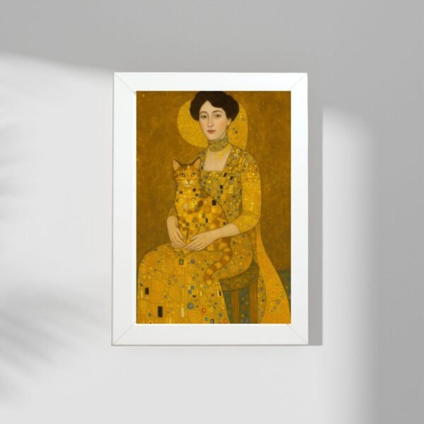 Art poster Dama sa mačkom u belom ramu sa dekorativnim senkama