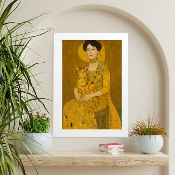 Dama sa mačkom art poster u ramu u dekoru sa biljkama