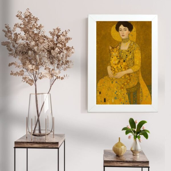 Art poster Dama sa mačkom u ramu pored dekorativnih predmeta