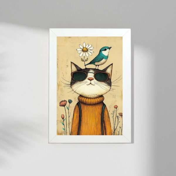 Poster u ramu Mačak sa stilom – umetnički print sa mačkom i pticom