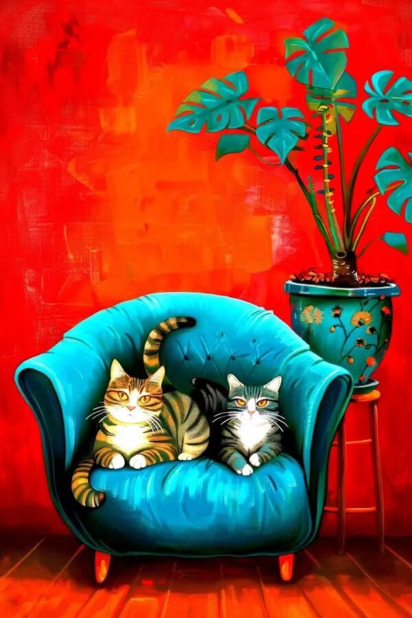 poster u ramu mačiji par udobnosti crvena pozadina tirkizna fotelja