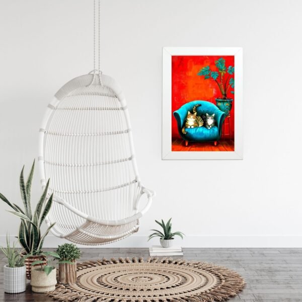 poster u ramu mačiji par udobnosti u modernom enterijeru sa belom ljuljaškom
