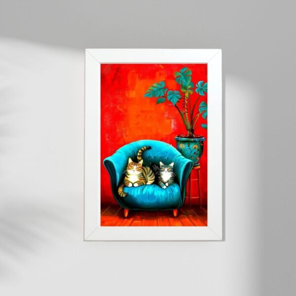 poster u ramu mačiji par udobnosti crvena pozadina tirkizna fotelja