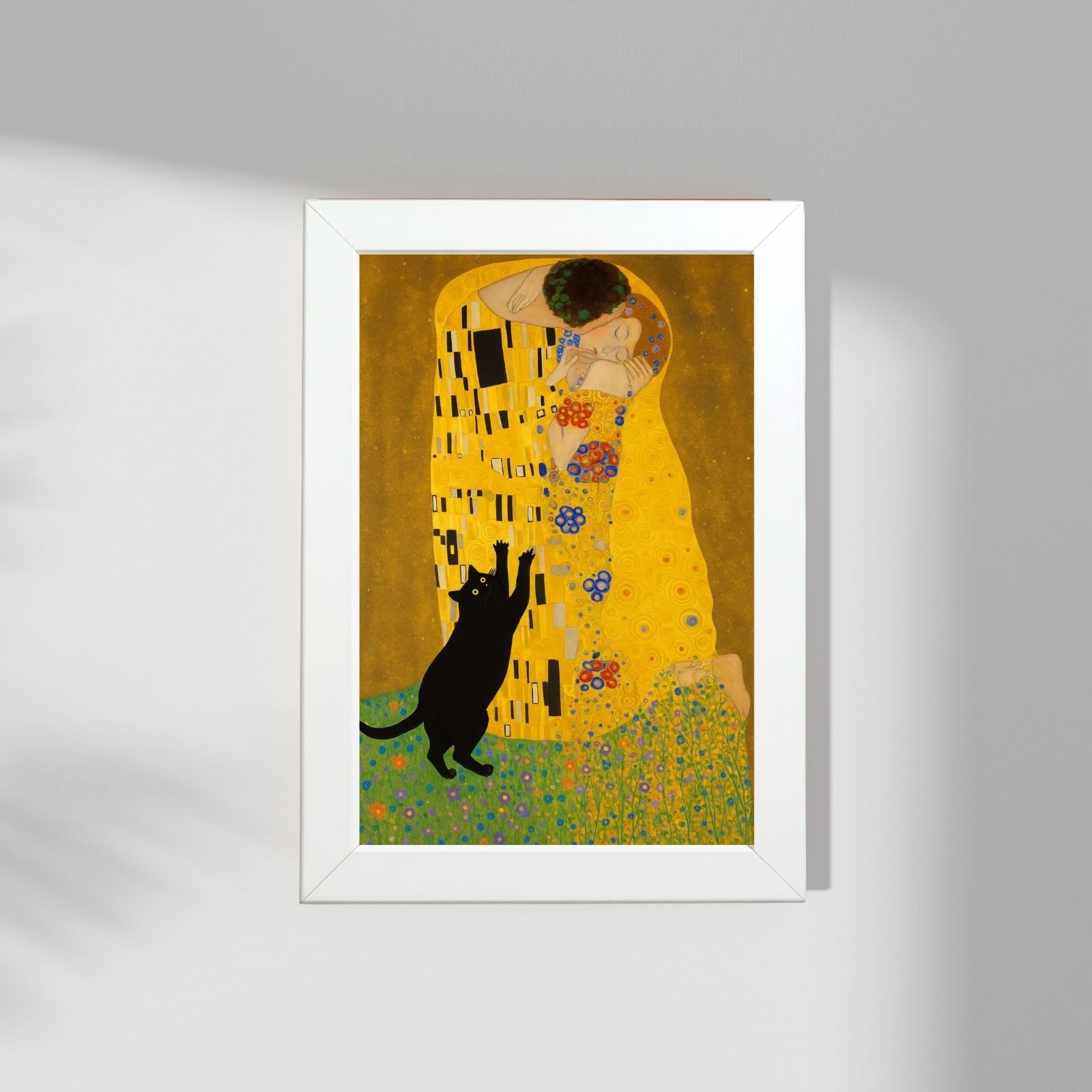 Art poster Mačiji poljubac u belom ramu izbliza
