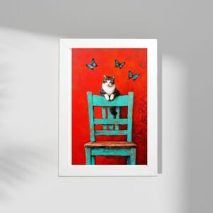 Poster u ramu mačka i leptiri – umetnički poster za dekoraciju doma