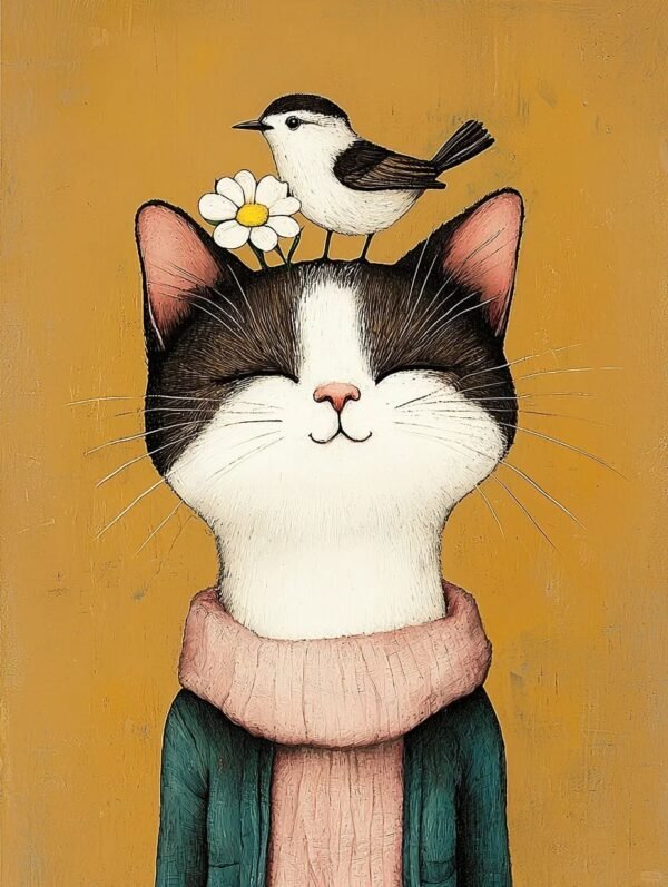 Moderni mačji poster sa pticom – art print za police i niše – Mačketinashop