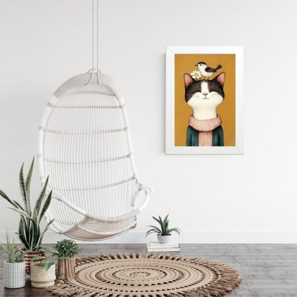 Poster u ramu Ptica na glavi – umetnički mačka print u dnevnoj sobi – Mačketinashop