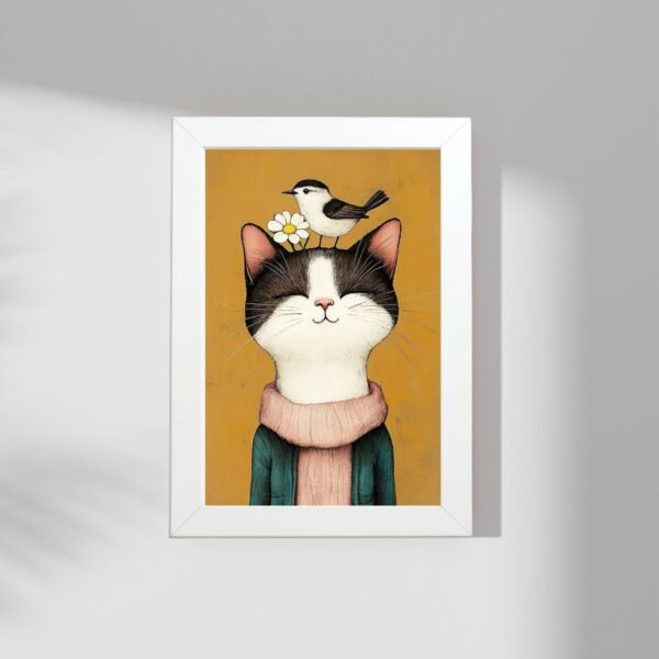 Mačka dekoracija za enterijer – print sa pticom u elegantnom ramu – Mačketinashop