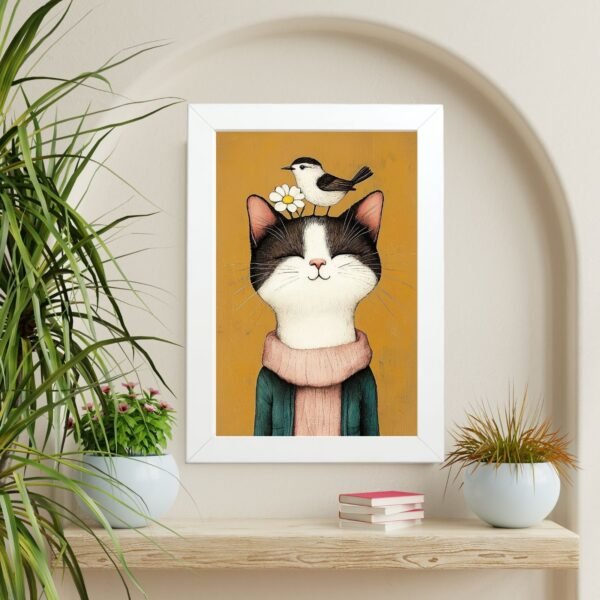 Moderni mačji poster sa pticom – art print za police i niše – Mačketinashop