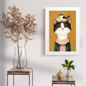 Mačka poster sa pticom na glavi u belom ramu – zidna dekoracija – Mačketinashop