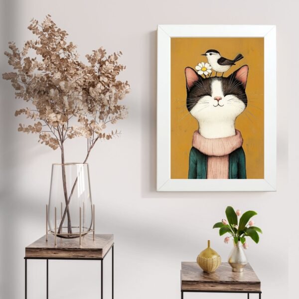 Mačka poster sa pticom na glavi u belom ramu – zidna dekoracija – Mačketinashop