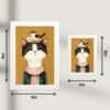 Poster u ramu sa merama – mačka sa pticom na glavi art print – Mačketinashop