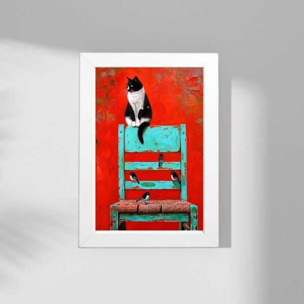 Crno-bela mačka na tirkiznoj stolici – poster u ramu A3 i A4