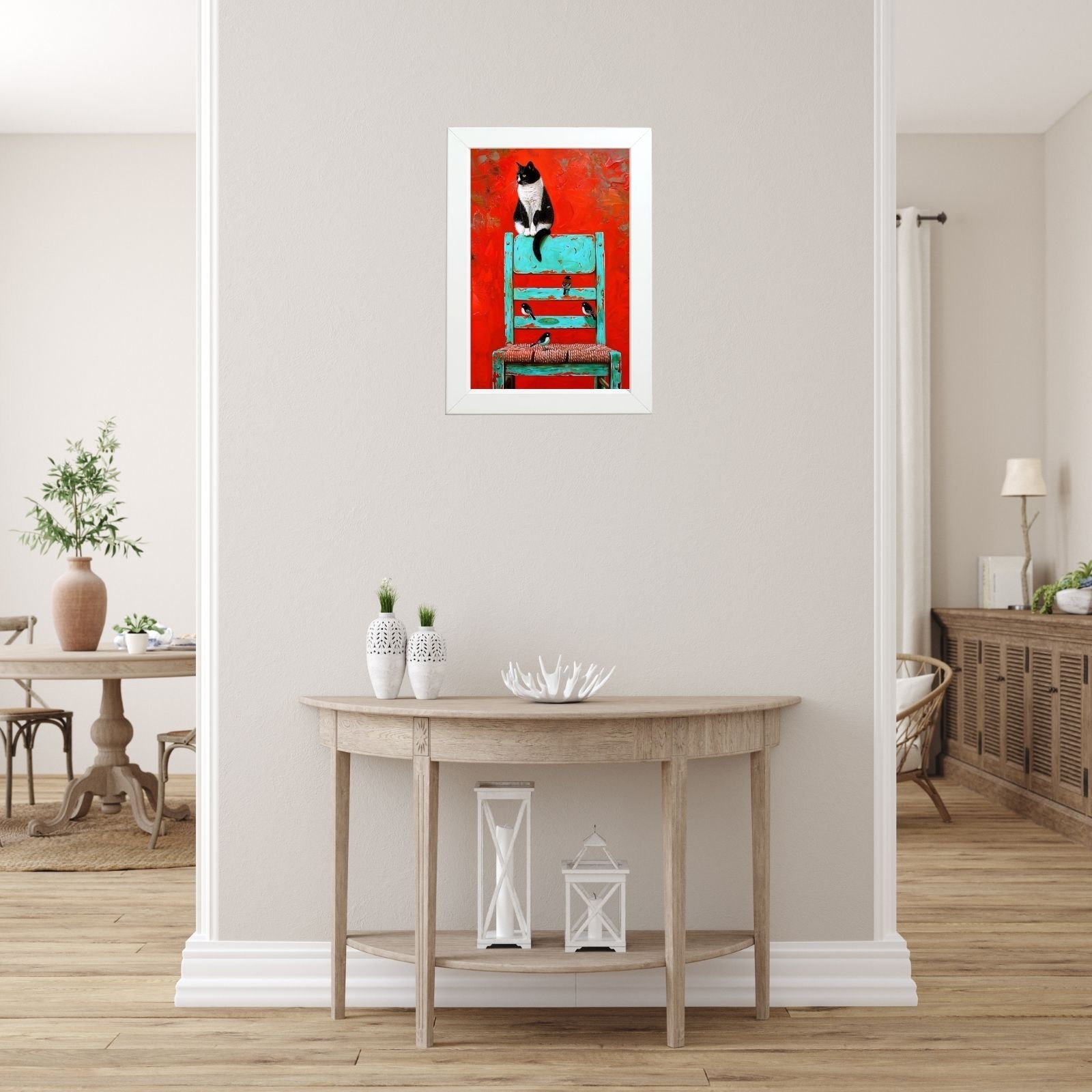 Poster sa mačkom na zidu hodnika – dekoracija za kuću