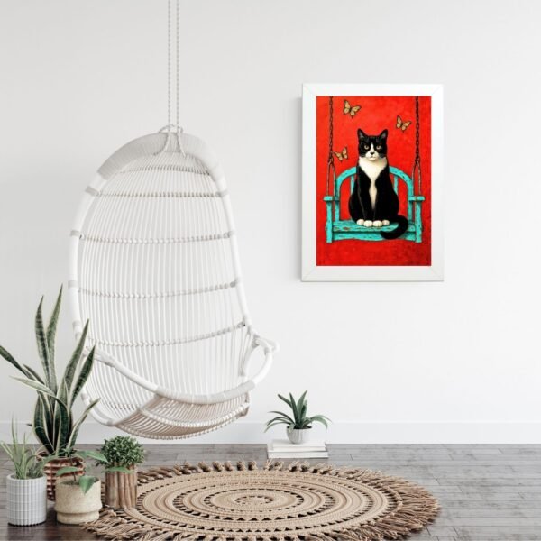 poster mačka na ljuljašci crno bela mačka sa leptirima