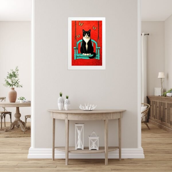 poster u ramu mačka i leptiri crvena pozadina dekoracija zida