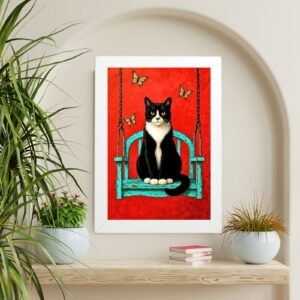 poster u ramu mačka i leptiri crvena pozadina dekoracija zida