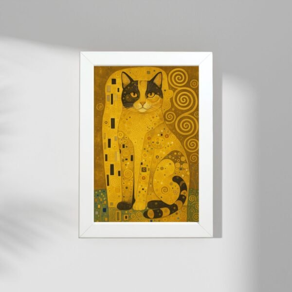 Zlatna mačka poster u belom ramu – zidna umetnost sa mačkom