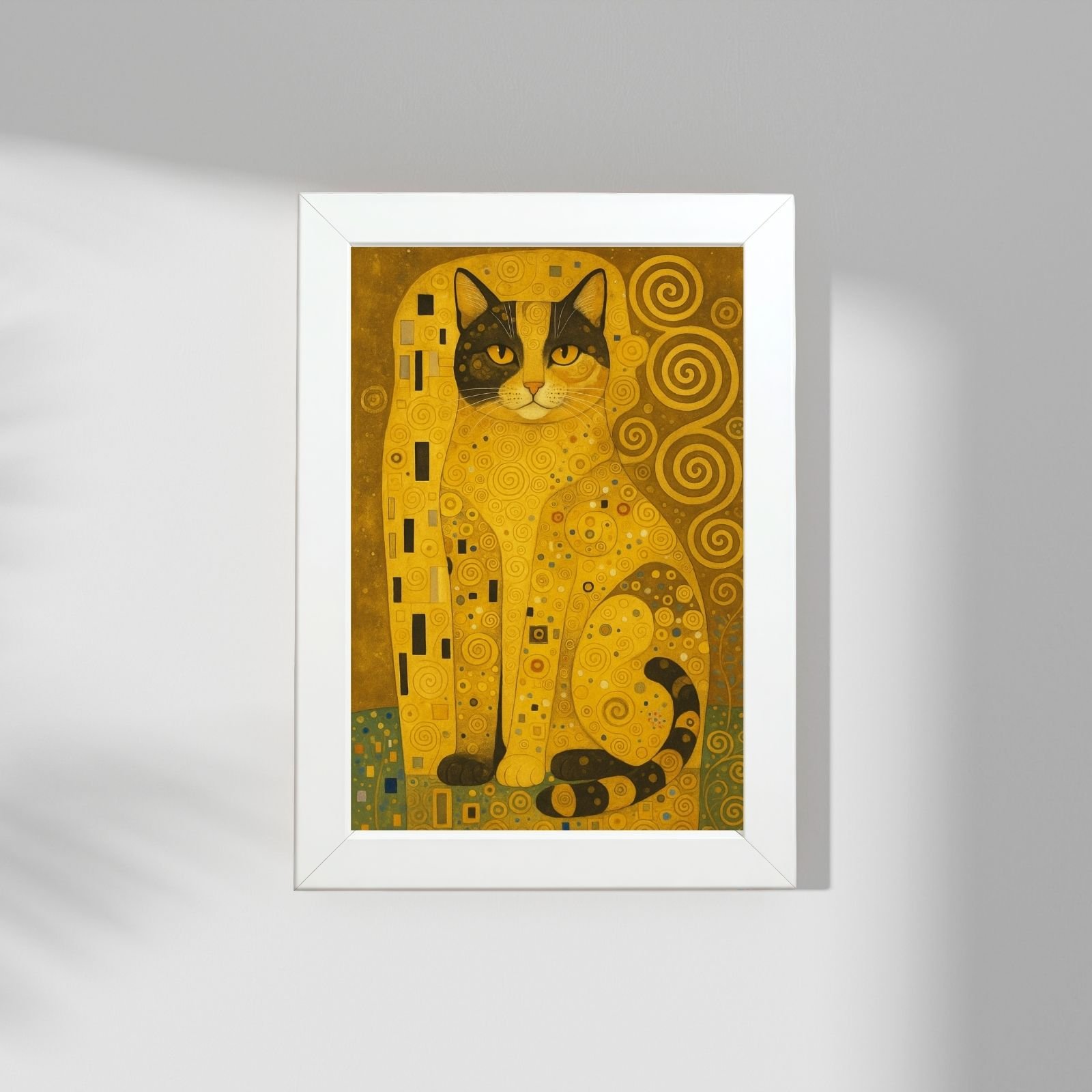 Zlatna mačka poster u belom ramu – zidna umetnost sa mačkom