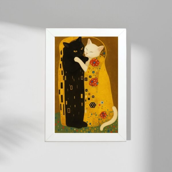 Zlatni art print sa crnom i belom mačkom u zagrljaju