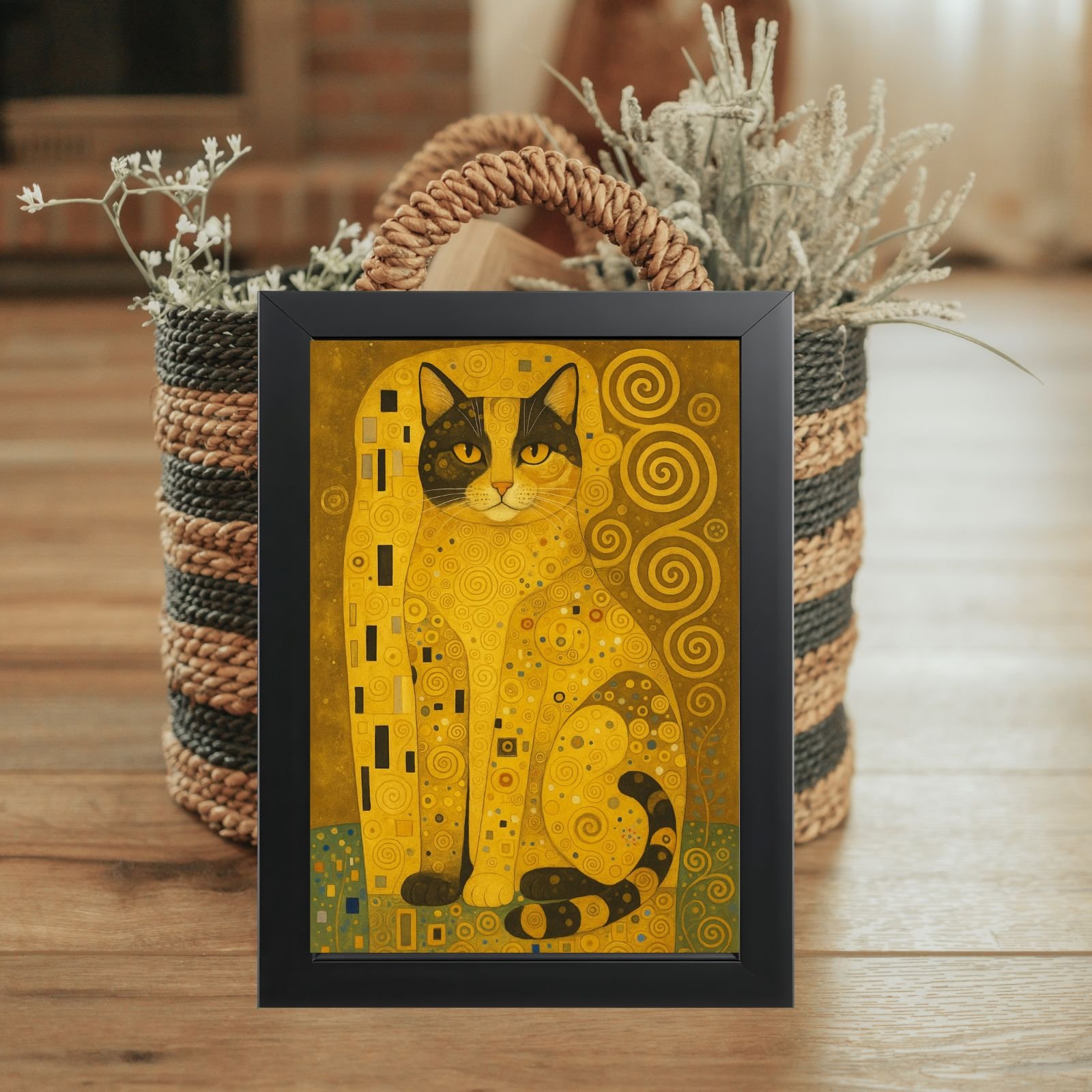 Zlatna mačka poster u crnom ramu – zidna umetnost sa mačkom