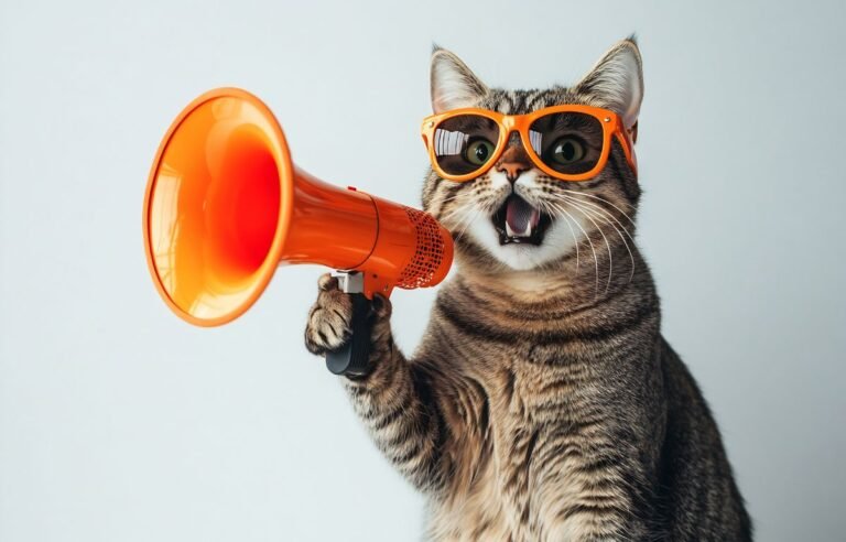 10 mačijih pravila koje morate poštovati - Mačka sa megafonom i narandžastim naočarima koja objavljuje 10 mačijih pravila