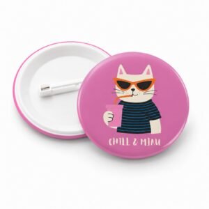 Roze CHILL & MJAU bedž sa mačkom i naočarima – originalan bedž za ljubitelje mačaka
