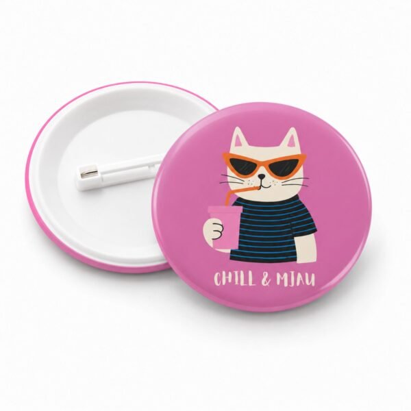 Roze CHILL & MJAU bedž sa mačkom i naočarima – originalan bedž za ljubitelje mačaka
