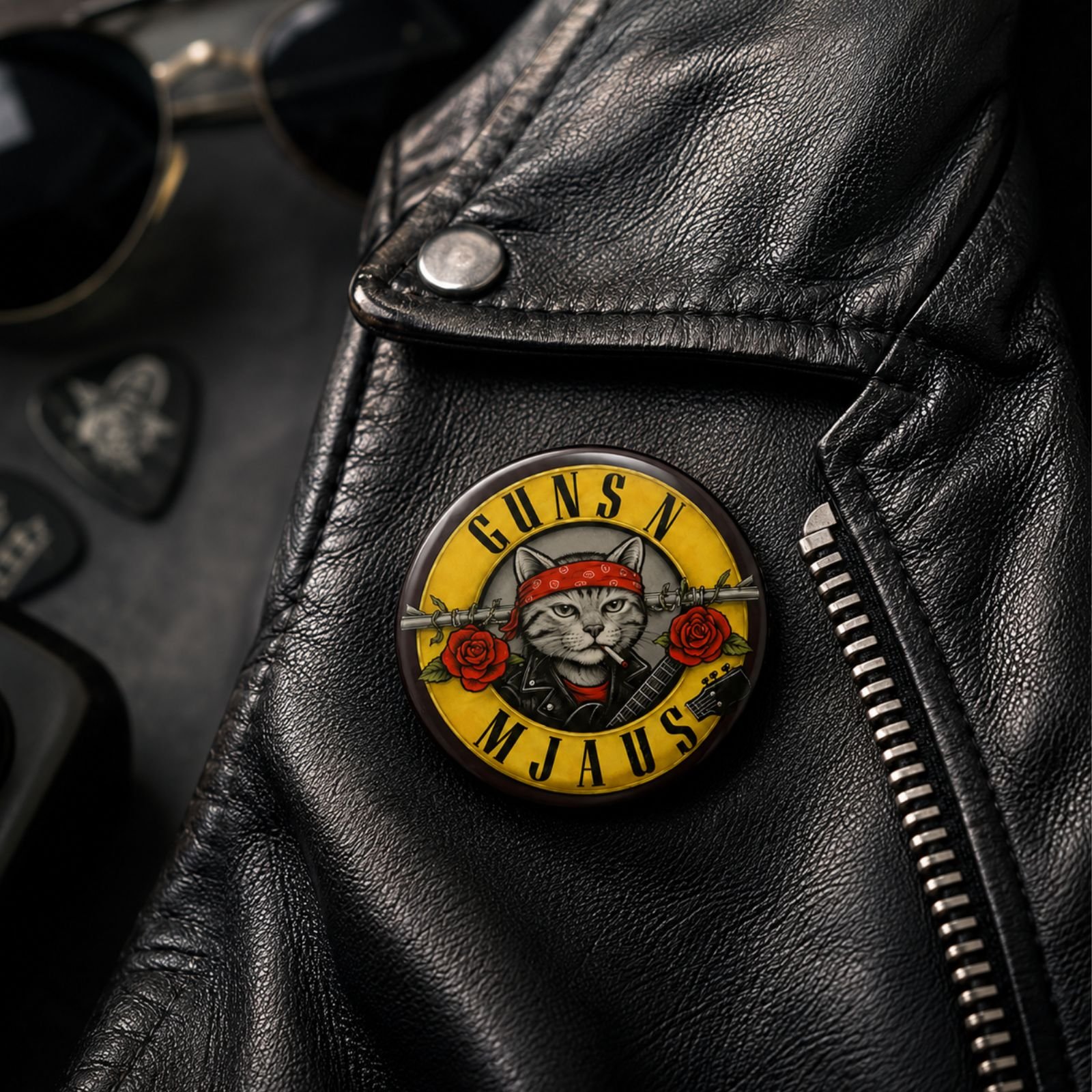 Guns N Mjaus rock bedž sa mačkom zakačen na crnoj kožnoj jakni – originalan dodatak za ljubitelje mačaka i rock muzike