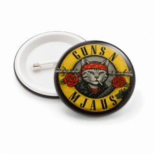 Rock bedž Guns N Mjaus sa ilustracijom mačke i gitarom – originalan bedž za ljubitelje mačaka i rock muzike