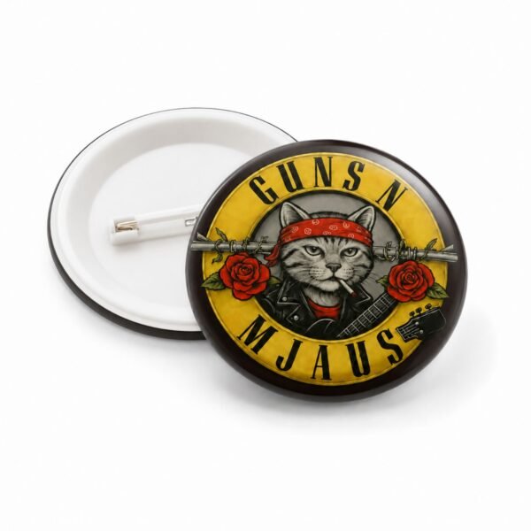 Rock bedž Guns N Mjaus sa ilustracijom mačke i gitarom – originalan bedž za ljubitelje mačaka i rock muzike