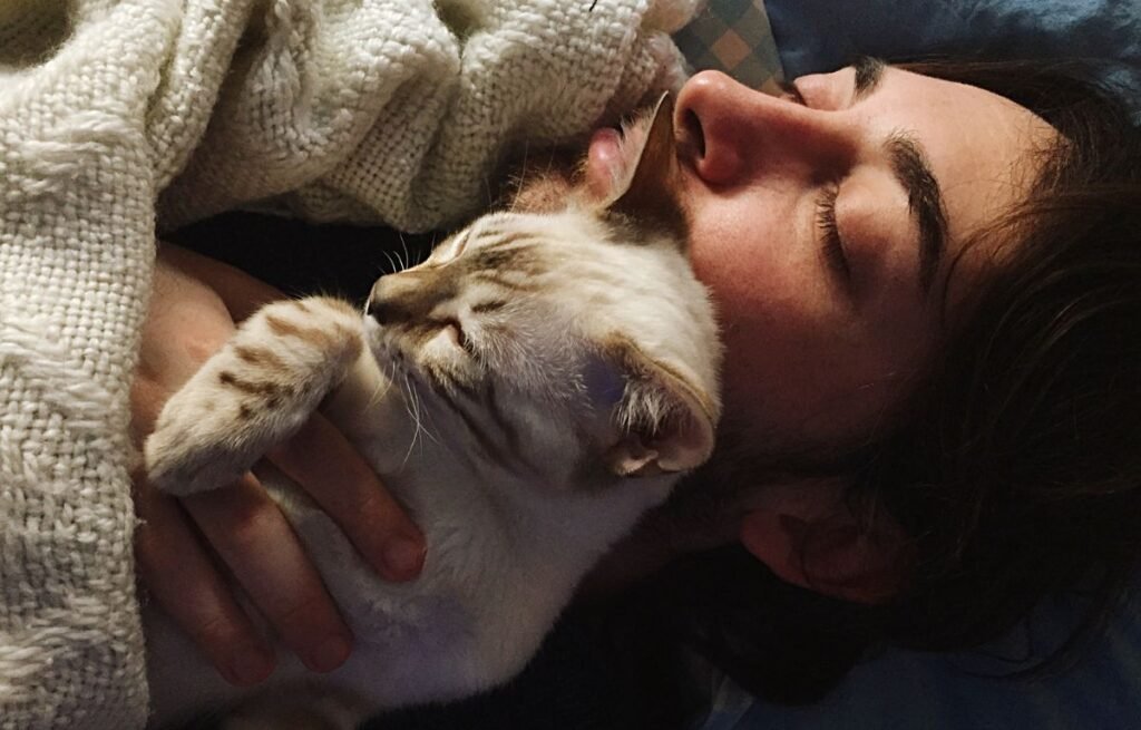 Mačka spava naslonjena uz lice vlasnice u krevetu, pokazujući bliskost i osećaj sigurnosti tokom sna – Mačka Vas Posmatra Dok Spavate – Evo Šta To Zaista Znači