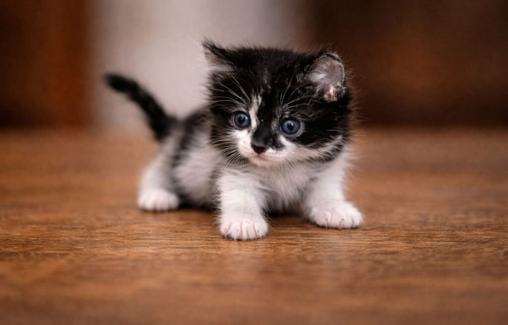 Najmanja mačka na svetu Mr. Peebles stoji na drvenoj podlozi, sa krupnim očima i sitnim šapama koje naglašavaju njegovu neverovatnu veličinu – Upoznajte najmanju mačku na svetu – neverovatna priča o Mr. Peeblesu