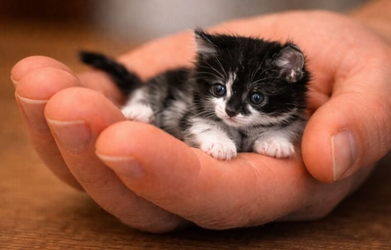 Najmanja mačka na svetu Mr. Peebles leži u dlanu čoveka, pokazujući svoju neverovatnu veličinu i jedinstvenu priču – Upoznajte najmanju mačku na svetu – neverovatna priča o Mr. Peeblesu