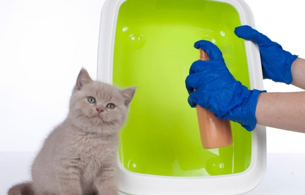 mače pored posude za mačiji pesak dok vlasnik čisti mačiji toalet sredstvom za dezinfekciju - Trikovi kako očistiti mačiji pesak – Tako da ne smrdi