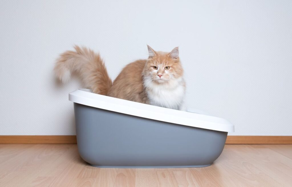 narandžasta mačka sedi u posudi za mačiji pesak u stanu - Trikovi kako očistiti mačiji pesak 