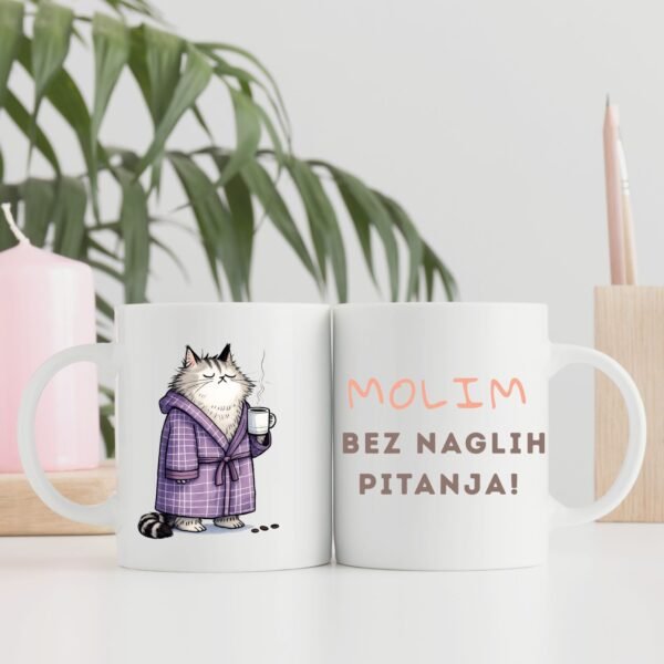 Šolja Molim bez naglih pitanja sa mačkom – Mačketina dizajn za jutarnju kafu
