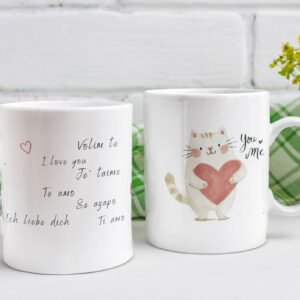 Šolja Volim te na svim jezicima romantična šolja sa mačkom Mačketina dizajn