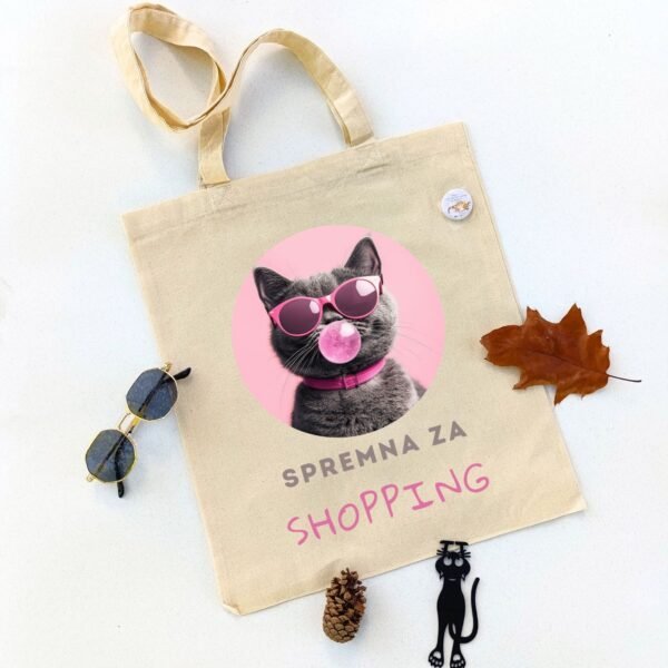 Ceger spremna za shopping – duhoviti ceger sa mačkom sa ilustracijom mačke sa naočarima i balonom od žvake