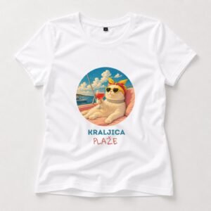 Ženska majica Kraljica Plaže sa ilustracijom mačke na jahti i letnjim motivom