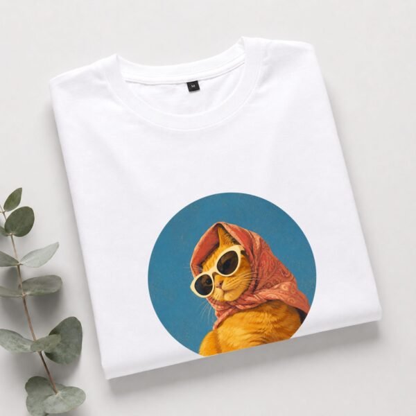 Presavijena bela ženska majica More Mir Mjau sa ilustracijom narandžaste mačke u marami i naočarima za sunce