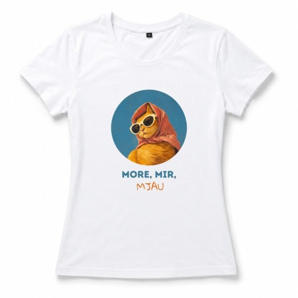 Ženska majica More Mir Mjau sa ilustracijom mačke u marami i naočarima za sunce, letnja majica za more i odmor