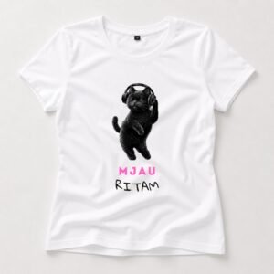Ženska majica sa mačkom Mjau ritam i crnim mačetom koje nosi slušalice