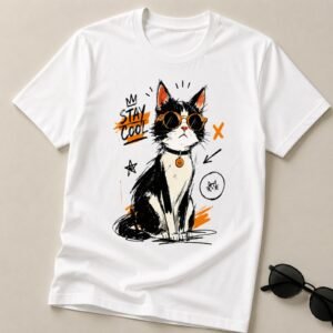 Muška majica Stay Cool – Poklon za muškarce koji vole mačke, bela majica sa mačkom u naočarima i Stay Cool dizajnom – macketinashop